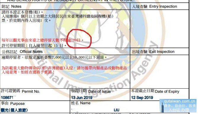 个人游入台证上注明了120天总停留天数限制